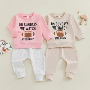 2024-09-14 Lioraitiin Toddler Baby Boys Girls Fall Outfit Rugby Letter Print Long Sleeve Sweatshirt Elastic Pants Set Clothes
